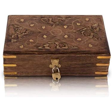 Imagem de Ótimas ideias de presente de aniversário, caixa de joias de madeira decorativa feita à mão com cadeado e chave gratuitos, organizador de joias, caixa de lembrança, baú do tesouro, porta-bugigangas