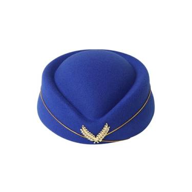 Imagem de Elandy Chapéu de aeromoça azul feltro feminino boina de uniforme aéreo boné vintage para fantasia cosplay acessórios de desempenho