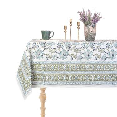 Imagem de Perilla Home Toalha de mesa multicolorida 100% algodão 152 x 272 cm | Capa de mesa retangular com estampa bloco de mão para 6 lugares | Toalha de mesa lavável para o outono, decoração, casamentos