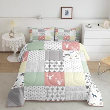 Imagem de Conjunto de edredom de caça de animais selvagens, tamanho casal, edredom de urso, chifre de veado, para meninas e adolescentes, árvores, flecha, hexágono, xadrez, geométrico, poliéster, conjunto com 2