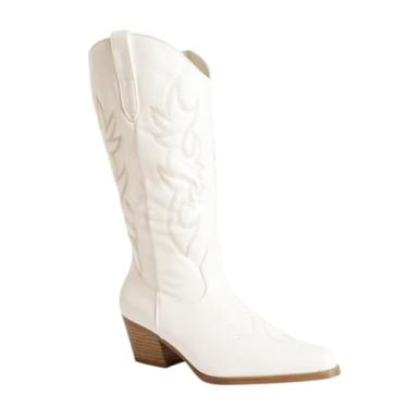 Imagem de Botas femininas ocidentais com costura de caubói bico fino cano médio cano alto grosso salto baixo, Branco, 40