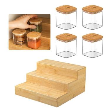 Imagem de Kit Organizador Multinível Com 4 Potes Herméticos Em Bambu