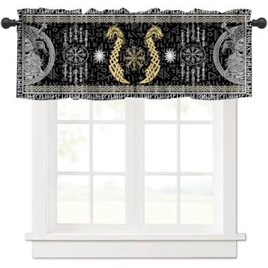 Imagem de AAVEUP Norse Vikings Cortina de sanefa de cozinha antiga runa totem árvore dragão mitologia nórdica preto branco místico geométrico nórdico tratamento de janelas para cozinha meninas quarto sala de