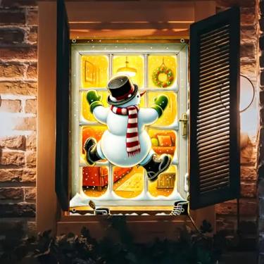 Imagem de BlissYard Capa de janela de Natal poliéster 78 x 128 cm faixa de fundo de decoração de férias com boneco de neve fofo com chapéu de cima cachecol luvas verdes botas pretas guirlanda festiva quente