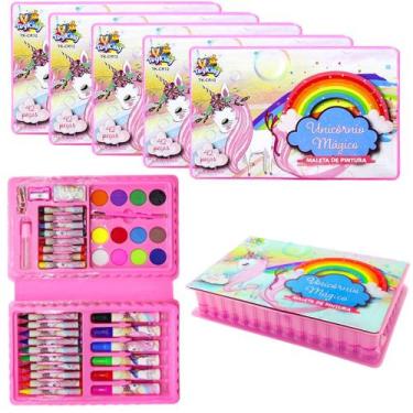 Imagem de Kit 5 Estojos Pintar Colorir Unicórnio com Canetinhas Lembrança Festa 