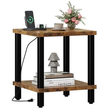 Imagem de Mesa lateral quadrada grande com estação de carregamento, mesa de sofá, mesa de centro industrial de 50 cm, mesa de cabeceira com prateleira de armazenamento de 2 camadas para sala de estar, quarto