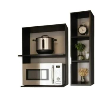 Imagem de Suporte Suspenso de Microondas E Forno Mdf Madeira de Parede Nicho(Preto + Estante)