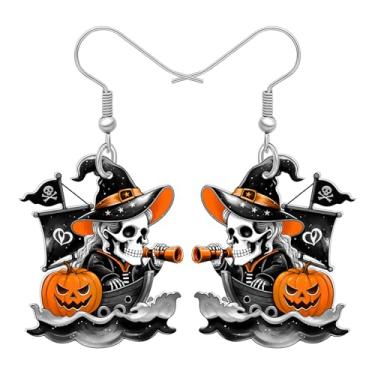 Imagem de NEWEI Brincos pendentes de caveira de esqueleto pirata de acrílico, presentes de Halloween para mulheres, chapéu de bruxa gótico assustador de navio pirata abóbora peculiar joias de fantasia de férias