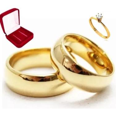 Imagem de Par de alianças tungstênio 6mm Banhada a ouro 18k + Solitário 14 e 33 