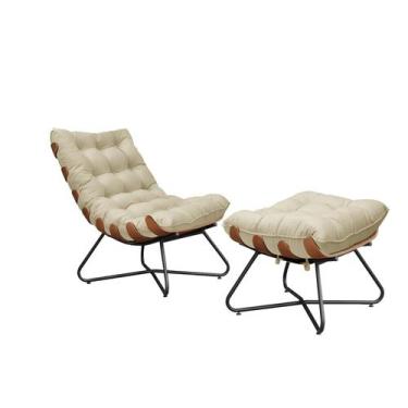 Imagem de Poltrona Costela Decorativa e Puff Madeira Eva Preto - Bege - METAL MO