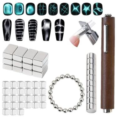 Imagem de WEILUSI Conjunto de 70 ímãs de unhas olho de gato, 27 quadrados e 20 contas e 12 ímãs de esmalte de gel listrados, 10 ímãs redondos para cortador de unhas de aço inoxidável, varinha de ímã de unha 3