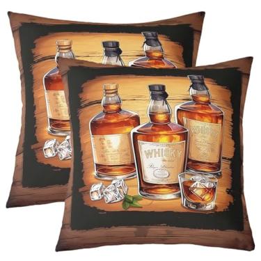Imagem de Manfei Capa de almofada de uísque, capa de almofada quadrada macia de vidro de cerveja com estampa dupla face, vintage, marrom, preto, pacote com 2, 40,64 cm x 40,64 cm