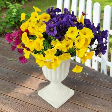 Imagem de Aisamco Flores de seda artificial para decoração ao ar livre, 12 pacotes de flores falsas, glória da manhã colorida com eucalipto, plantas falsas, vegetação, resistente a UV, para plantador de porta