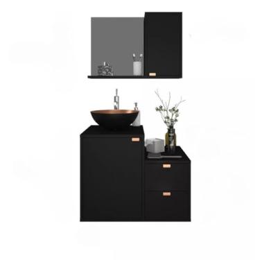 Imagem de Conjunto de armário de banheiro + lavatório + armário com espelho e puxadores de latão - Conjunto completo de instalação rápida (Preto com cobre)