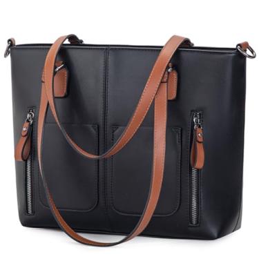 Imagem de LOVEVOOK Bolsa de ombro grande feminina de couro sintético, bolsa de trabalho com vários bolsos, Preto sólido - marrom, Large