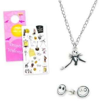 Imagem de Conjunto de joias Nightmare Before Christmas para meninas - Conjunto de acessórios de vestir com colar e brincos Jack Skellington e mais adesivos, mais | Joias de pesadelo antes do Natal para crianças