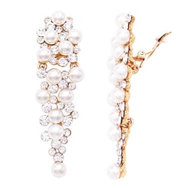 Imagem de Rosemarie & Jubalee Brincos femininos deslumbrantes de pérola simulada com cristal cascata estilo nupcial, clipe para noivas, 8,9 cm, 20mm, Vidro, Cristal Pérola sintética