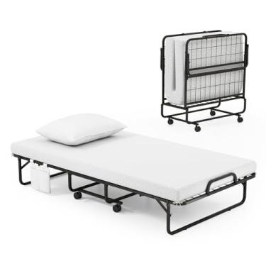 Imagem de KOMFOTT Cama dobrável de solteiro com colchão e travesseiro de espuma viscoelástica, cama dobrável de 190 x 99 cm com capa contra poeira, estrutura de metal e rodas com trava