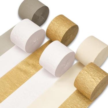 Imagem de PartyWoo Serpentinas de Papel Crepom 6 Rolos 492 Pés, Pacote de Ouro Metálico, Marfim, Branco Areia, Papel Crepom Branco para Decorações de Aniversário, Decorações de Festa, Decorações de Chá de Bebê(