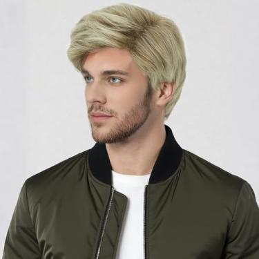 Imagem de Creamily Peruca masculina de cabelo curto loiro encaracolado marrom misto para fantasia de Halloween perucas sintéticas realistas para cosplay masculino