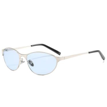 Imagem de Óculos de sol gatinho com armação pequena da moda, masculino e feminino, óculos de metal, clássico, casual, para dirigir, proteção UV400, prata e azul