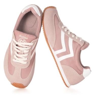 Imagem de Tênis fashion feminino casual de largura larga, couro legítimo, tênis de caminhada, moderno, leve, confortável, cadarço antiderrapante, para uso ao ar livre, com palmilha de espuma viscoelástica, rosa