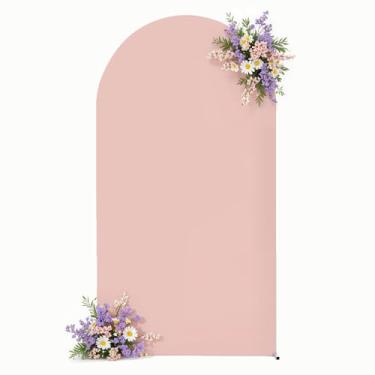 Imagem de Capa de fundo de arco rosa para casamento, capa de arco rosa empoeirado de 2 m, cenários elásticos, capas de arco de dois lados para cerimônia de casamento, chá de bebê, decoração de festa de