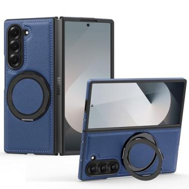 Imagem de Capa de couro magnética para Samsung Galaxy Z Fold 6, [compatível com MagSafe] Capa protetora fina para celular com suporte ajustável com rotação de 360° à prova de choque (azul)