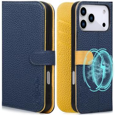 Imagem de VISOUL Capa carteira para iPhone 17 Pro com compartimentos para cartões, capa protetora de couro real com bloqueio de RFID, suporte magnético com fecho magnético para iPhone 17 Pro (6,3 polegadas