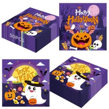 Imagem de 50 guardanapos de Halloween - guardanapos de papel descartáveis de 16,5 cm, doces ou travessuras, fantasma de abóbora, conjunto de utensílios de jantar para decoração de festa de helloween
