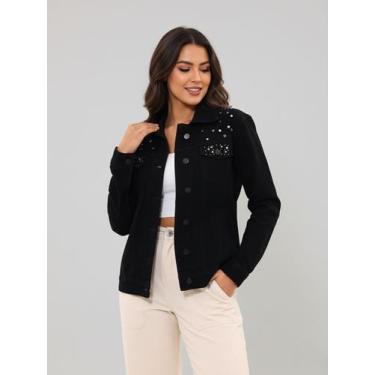 Imagem de Jaqueta Maxxi Oversized Feminina Jeans Preto com Decoração de Taxas e 