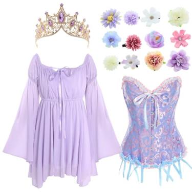 Imagem de Foaincore Conjunto de 4 peças de fantasia de princesa roxa de manga comprida, espartilho de tiaras de diamante, coroa, flor, presilhas de cabelo, acessórios, Principalmente roxo, branco e dourado, P
