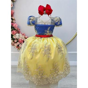 Imagem de Vestido Infantil Branca de Neve com Renda Metalizada Dourada - Fabulos