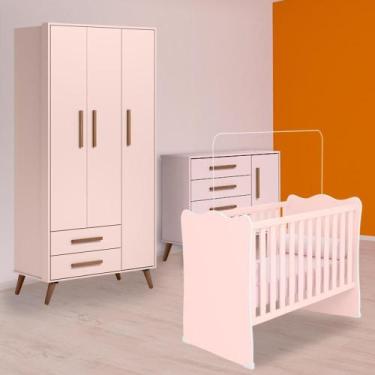 Imagem de Berço, Cômoda Sapateira Retrô e Guarda Roupa Retrô Rosa - Qmovi
