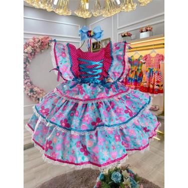 Imagem de Vestido Infantil Junino Festa Caipira Pink e Azul Florido - Tamanho P,