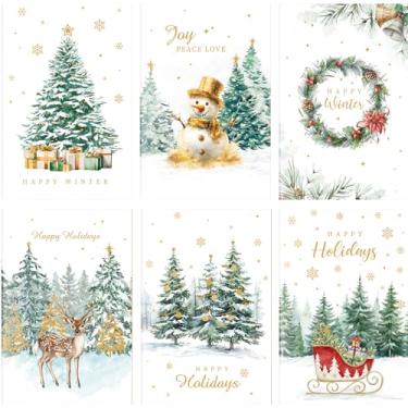 Imagem de Fainne Pacote com 120 cartões comemorativos de Natal de folha dourada com envelopes Kraft e adesivos para Happy Holidays, cartões de notas de árvore de Natal, 6 designs sortidos, notas em branco para