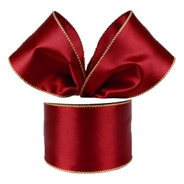 Imagem de Fita de cetim com fio, 6 cm x 20 metros, borda metálica, decoração de árvore de Natal (bordô, 5 cm)