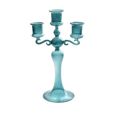 Imagem de Centro de Mesa Castiçal de vidro criativo colorido três cabeças para decoração casa e adereços para fotos casamento para Jantar(Blue)