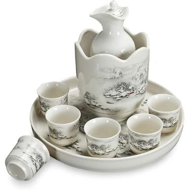 Imagem de AKALNNB Conjunto de 9 peças de saquê, conjunto de taças de vinho de cerâmica japonesa com aquecedor e bandeja, copos de cerâmica de porcelana tradicional, melhor presente para família e amigos