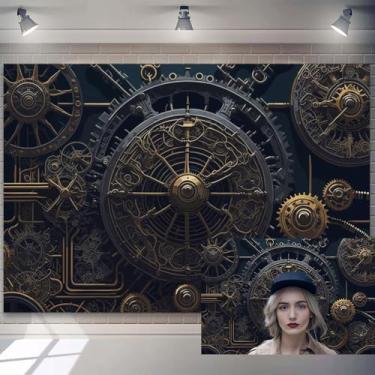 Imagem de 1,5 x 0,9 m Antigo Steampunk Pano de Fundo Preto Dourado Retrô Metal Engrenagem Mostradores Mecânicos Industriais Fundo Legal Decoração Interior de Quarto Masculino Frio Mecânico Papel de Parede