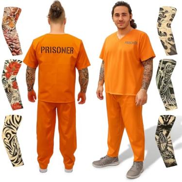 Imagem de ArtCreativity Orange Prisoner Costume with 6 Outlaw Sleeve Tattoos for Men - Size Medium - Adults Jailbird Inmate Criminal Short-Sleeve Shirt and Pants for Halloween, Role Play, Theme Parties