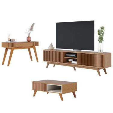 Imagem de Rack Bancada Fortaleza com Aparador Riviera Freijó e Mesa de Centro Je