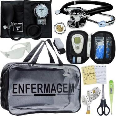 Imagem de Kit Bolsa Transparente Aparelho de Pressão Aneroide Medidor de Glicose