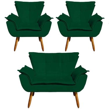 Imagem de Conjunto 2 Poltronas e 1 Namoradeira Pés Palito Charger Suede Verde - Gran Belo