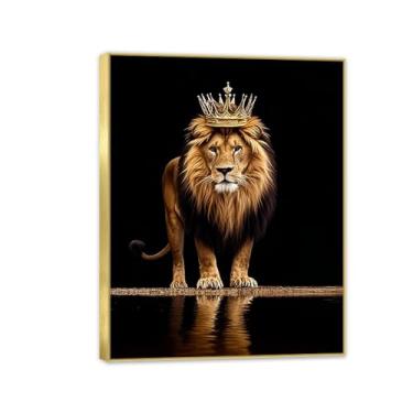 Imagem de Arte de parede leão com coroa animal dourado preto leão coroado pôsteres pinturas imagens para sala de estar decoração de escritório quarto masculino decoração de casa 50 x 40 cm (20 x 16 pol) moldura