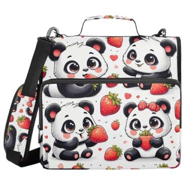 Imagem de Fichário de 3 anéis com zíper com alça de ombro panda vermelho morango 3,8 cm para fichários de grande capacidade, vários bolsos para material de escritório escolar