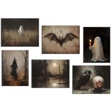 Imagem de 6 peças arte de parede vintage Halloween corvo vitoriano pintura de bruxa imagens assustador fantasma escuro academia decoração de parede outono terror estético pôsteres impressões gótico escuro