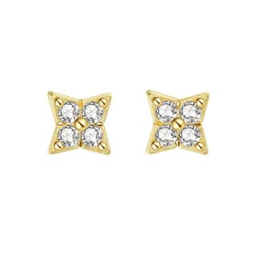 Imagem de Efashion Brincos femininos banhados a ouro 14K prata esterlina 925 trevo de quatro folhas com zircônia, Small, Ouro amarelo, Zircônia