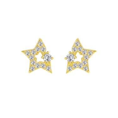 Imagem de Efashion Brincos de estrela de cinco pontas com zircônia incrustada assimétrica de prata esterlina 925 banhado a ouro 14K, Small, Ouro amarelo, Zircônia