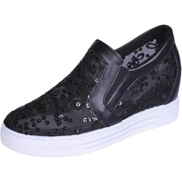 Imagem de Tênis de plataforma feminino, sem cadarço, lantejoulas, malha, bordado, confortável, para caminhar, Preto, 37 BR